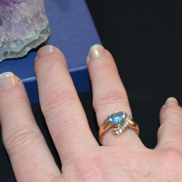 Blue Topaz Diamond Solid 10K Gold Ring - Picture 2 of 3